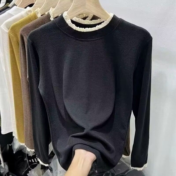 Γυναικεία κοντομάνικη μπλούζα από μίγμα πολυεστέρα-βαμβακιού, μονόχρωμο σχέδιο, στενή γραμμή, μακριά μανίκια, λαιμός με μισό-ύψος