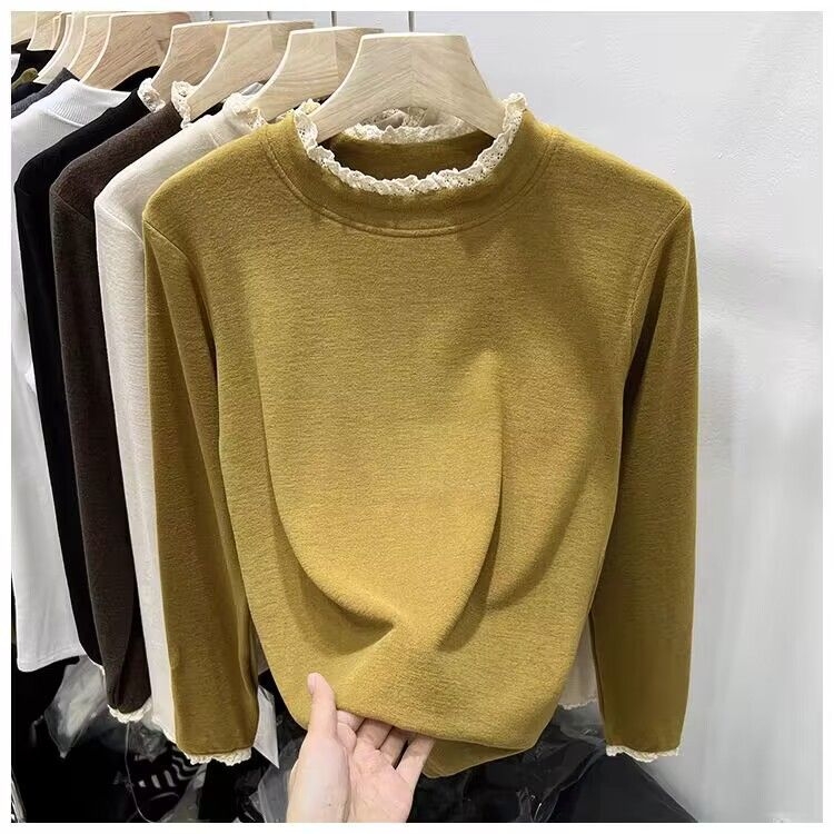 Γυναικεία κοντομάνικη μπλούζα από μίγμα πολυεστέρα-βαμβακιού, μονόχρωμο σχέδιο, στενή γραμμή, μακριά μανίκια, λαιμός με μισό-ύψος