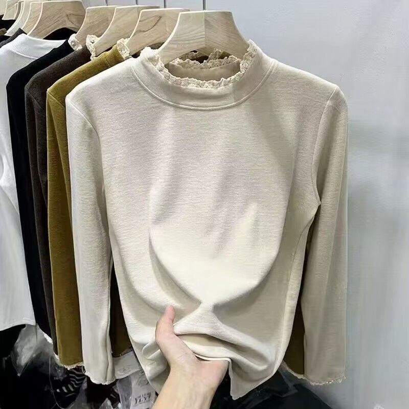 Γυναικεία κοντομάνικη μπλούζα από μίγμα πολυεστέρα-βαμβακιού, μονόχρωμο σχέδιο, στενή γραμμή, μακριά μανίκια, λαιμός με μισό-ύψος