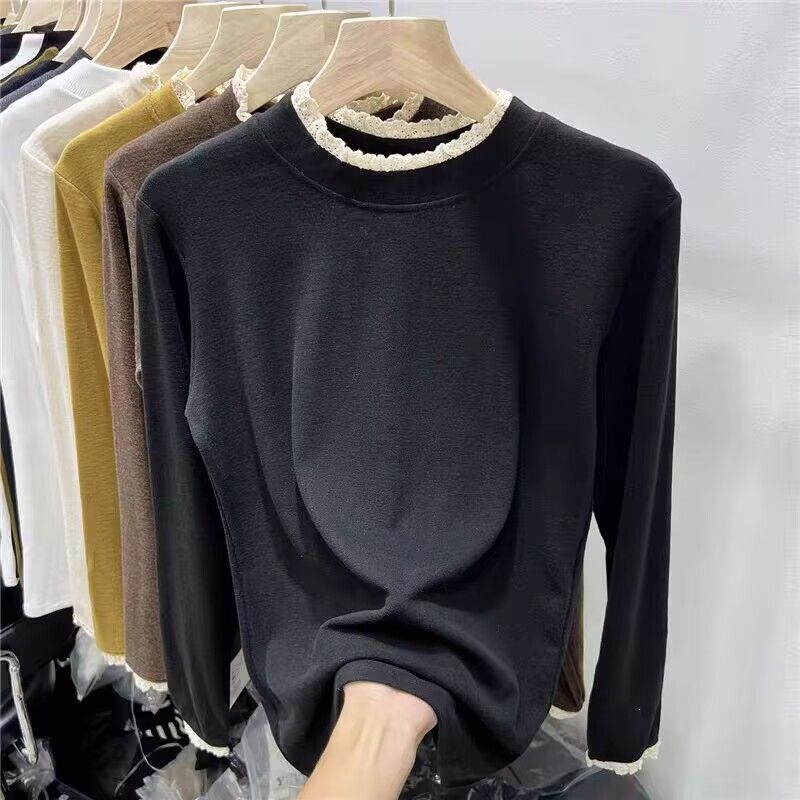 Γυναικεία κοντομάνικη μπλούζα από μίγμα πολυεστέρα-βαμβακιού, μονόχρωμο σχέδιο, στενή γραμμή, μακριά μανίκια, λαιμός με μισό-ύψος