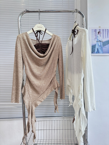 Σετ δύο τεμαχίων πλεκτό σε στυλ Κορέας: μακριά μανίκια μπλούζα με γιακά swing και δαντελένο τοπ, για γυναίκες; σύνθεση πολυεστέρα-ελαστάνης; στενή γραμμή.