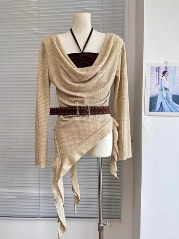 Σετ δύο τεμαχίων πλεκτό σε στυλ Κορέας: μακριά μανίκια μπλούζα με γιακά swing και δαντελένο τοπ, για γυναίκες; σύνθεση πολυεστέρα-ελαστάνης; στενή γραμμή.