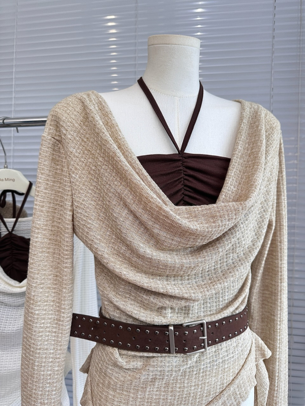 Σετ δύο τεμαχίων πλεκτό σε στυλ Κορέας: μακριά μανίκια μπλούζα με γιακά swing και δαντελένο τοπ, για γυναίκες; σύνθεση πολυεστέρα-ελαστάνης; στενή γραμμή.