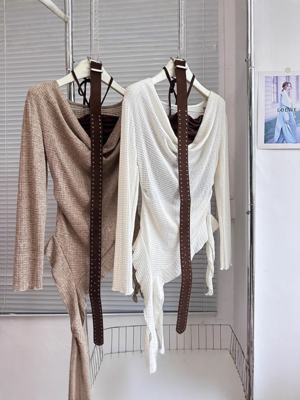 Σετ δύο τεμαχίων πλεκτό σε στυλ Κορέας: μακριά μανίκια μπλούζα με γιακά swing και δαντελένο τοπ, για γυναίκες; σύνθεση πολυεστέρα-ελαστάνης; στενή γραμμή.