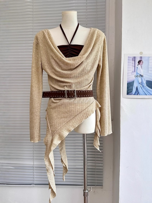 Σετ δύο τεμαχίων πλεκτό σε στυλ Κορέας: μακριά μανίκια μπλούζα με γιακά swing και δαντελένο τοπ, για γυναίκες; σύνθεση πολυεστέρα-ελαστάνης; στενή γραμμή.