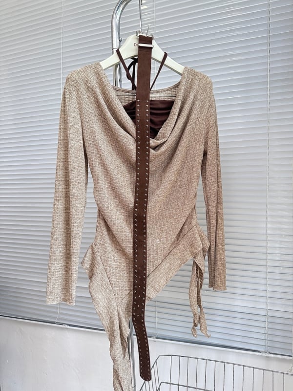 Σετ δύο τεμαχίων πλεκτό σε στυλ Κορέας: μακριά μανίκια μπλούζα με γιακά swing και δαντελένο τοπ, για γυναίκες; σύνθεση πολυεστέρα-ελαστάνης; στενή γραμμή.