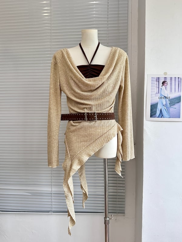 Σετ δύο τεμαχίων πλεκτό σε στυλ Κορέας: μακριά μανίκια μπλούζα με γιακά swing και δαντελένο τοπ, για γυναίκες; σύνθεση πολυεστέρα-ελαστάνης; στενή γραμμή.