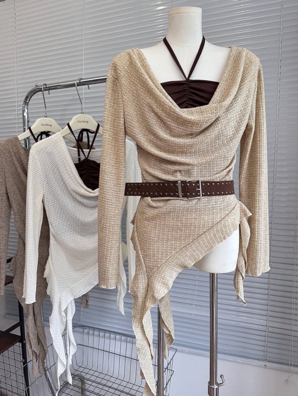 Σετ δύο τεμαχίων πλεκτό σε στυλ Κορέας: μακριά μανίκια μπλούζα με γιακά swing και δαντελένο τοπ, για γυναίκες; σύνθεση πολυεστέρα-ελαστάνης; στενή γραμμή.