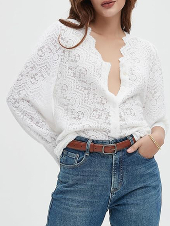 Μπλούζα δαντελένια με V-λαιμό, μακριά μανίκια, φλοράλ κέντημα, στενή γραμμή (Δαντέλα; Κύριο ύφασμα: βαμβάκι + νάιλον; V-λαιμός; Μακριά μανίκια; Φλοράλ κέντημα)