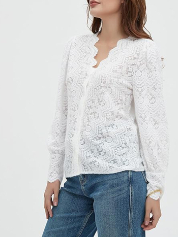 Μπλούζα δαντελένια με V-λαιμό, μακριά μανίκια, φλοράλ κέντημα, στενή γραμμή (Δαντέλα; Κύριο ύφασμα: βαμβάκι + νάιλον; V-λαιμός; Μακριά μανίκια; Φλοράλ κέντημα)