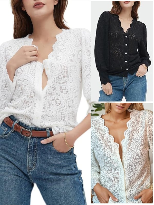 Μπλούζα δαντελένια με V-λαιμό, μακριά μανίκια, φλοράλ κέντημα, στενή γραμμή (Δαντέλα; Κύριο ύφασμα: βαμβάκι + νάιλον; V-λαιμός; Μακριά μανίκια; Φλοράλ κέντημα)