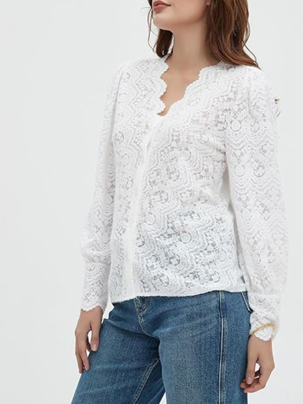 Μπλούζα δαντελένια με V-λαιμό, μακριά μανίκια, φλοράλ κέντημα, στενή γραμμή (Δαντέλα; Κύριο ύφασμα: βαμβάκι + νάιλον; V-λαιμός; Μακριά μανίκια; Φλοράλ κέντημα)