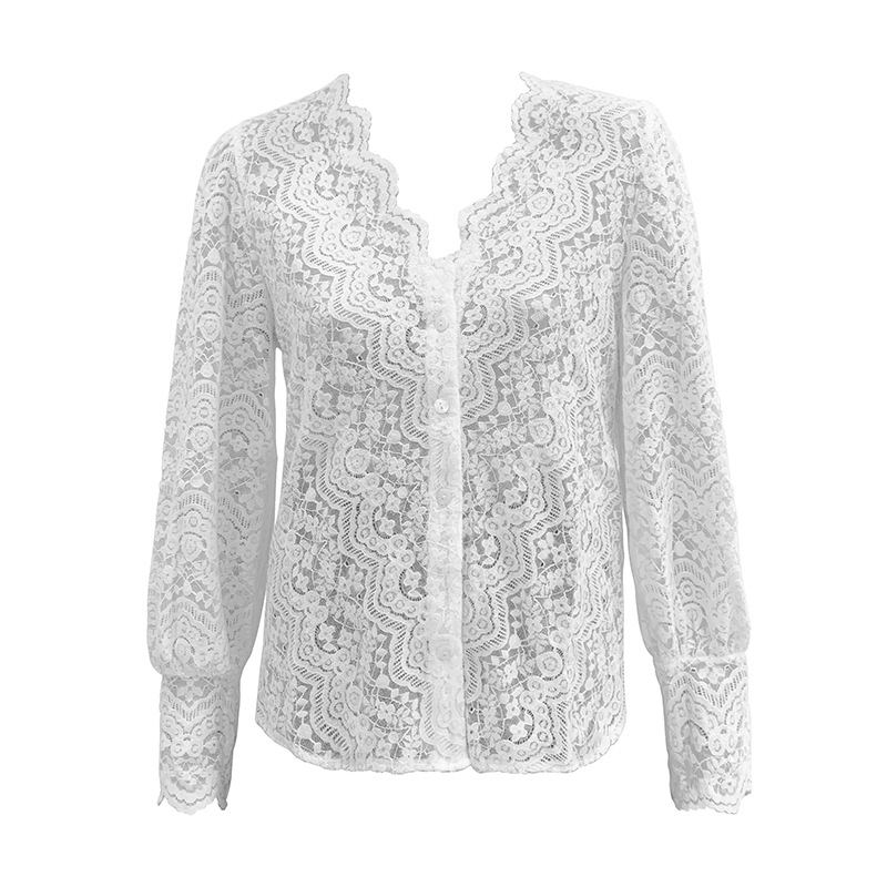 Μπλούζα δαντελένια με V-λαιμό, μακριά μανίκια, φλοράλ κέντημα, στενή γραμμή (Δαντέλα; Κύριο ύφασμα: βαμβάκι + νάιλον; V-λαιμός; Μακριά μανίκια; Φλοράλ κέντημα)