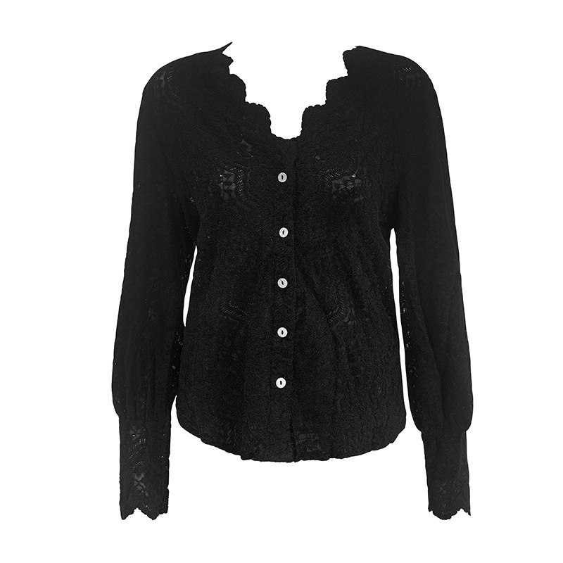 Μπλούζα δαντελένια με V-λαιμό, μακριά μανίκια, φλοράλ κέντημα, στενή γραμμή (Δαντέλα; Κύριο ύφασμα: βαμβάκι + νάιλον; V-λαιμός; Μακριά μανίκια; Φλοράλ κέντημα)