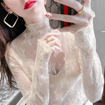 Ženski mrežasti donji top s polugolom, dugi rukavi, prozirni čipkasti detalji, 90–95% čipke/nylon smjesa