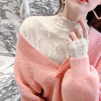 Ženski mrežasti donji top s polugolom, dugi rukavi, prozirni čipkasti detalji, 90–95% čipke/nylon smjesa