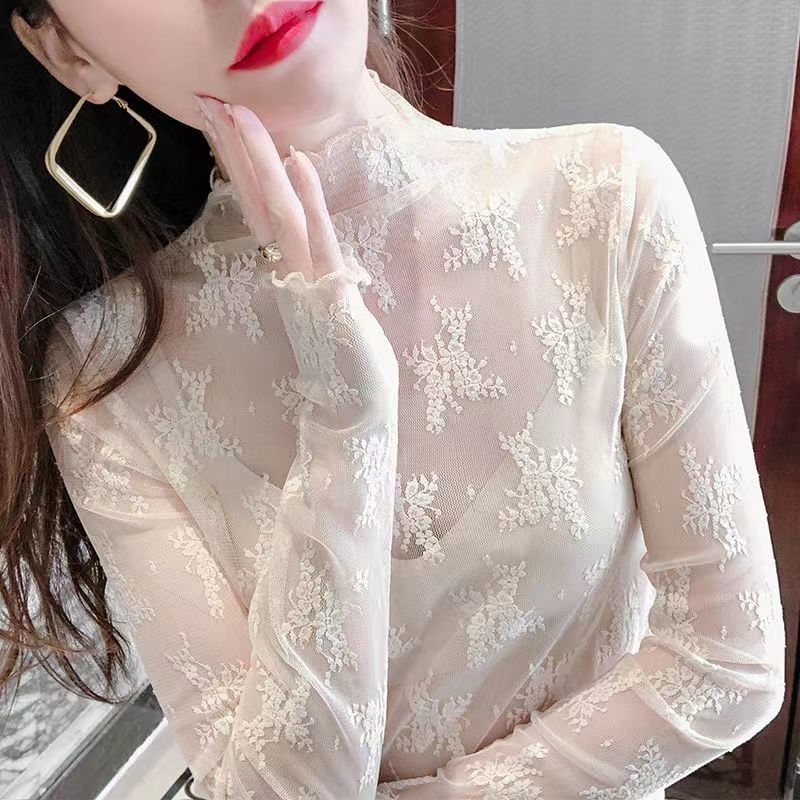Ženski mrežasti donji top s polugolom, dugi rukavi, prozirni čipkasti detalji, 90–95% čipke/nylon smjesa