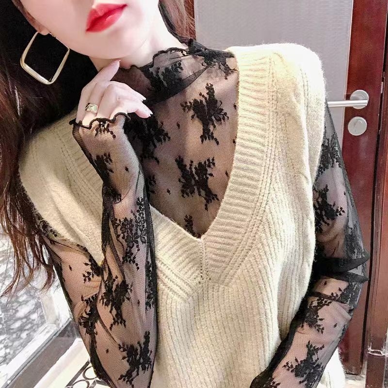 Ženski mrežasti donji top s polugolom, dugi rukavi, prozirni čipkasti detalji, 90–95% čipke/nylon smjesa