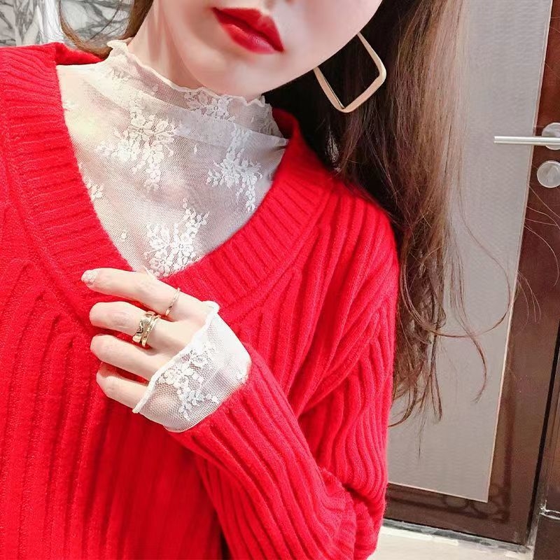 Ženski mrežasti donji top s polugolom, dugi rukavi, prozirni čipkasti detalji, 90–95% čipke/nylon smjesa