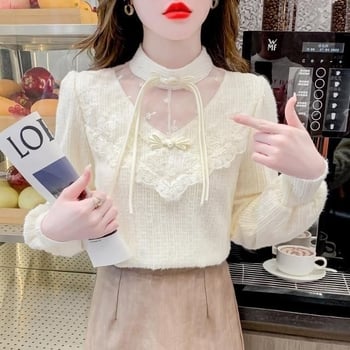 Chenille osnovna bluza za žene s volanom čipkom, stojeći ovratnik, princeze rukave — Spandex mješavina