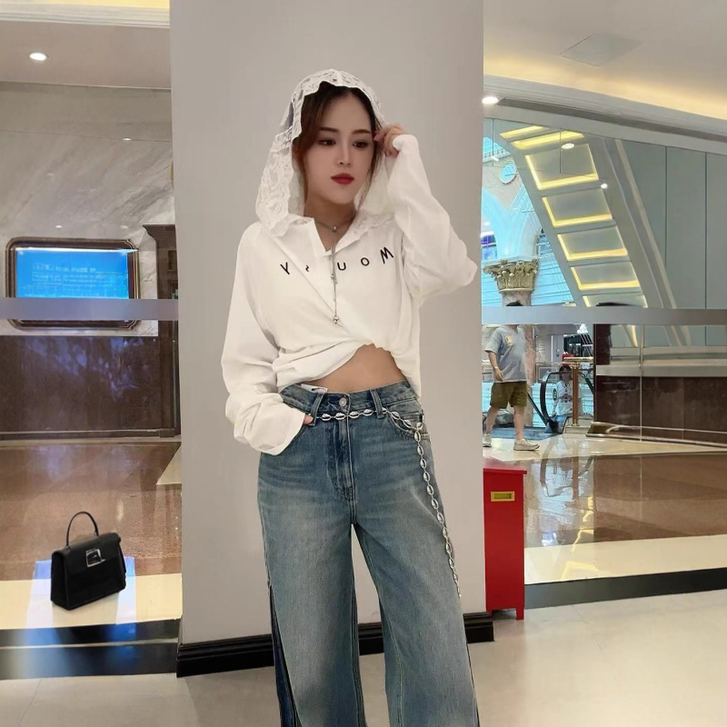 Pleteni pulover s čipkom i izšivanjem, dugi rukavi, kapuljača, opušten kroj, pamuk tkanina, jesen 2025, japansko-korejski casual stil