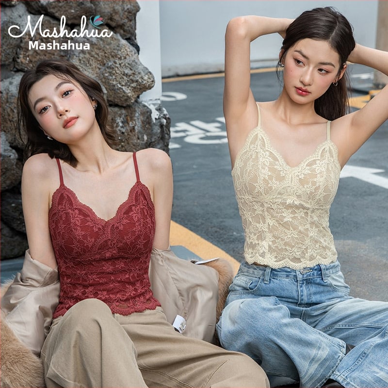 Nėrinių camisole su įmontuotomis liemenėlės pagalvėlėmis, tinkamas dėvėti virš drabužių ar sluoksniuojimui, push-up ir nugaros palaikymas, 3/4 puodelis