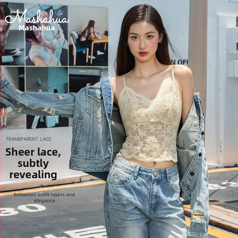 Mežģīņu topiņš ar integrētām krūšu spilventiņiem, piemērots ārējai nēsāšanai vai slāņošanai, push-up un muguras atbalsts, 3/4 kauss