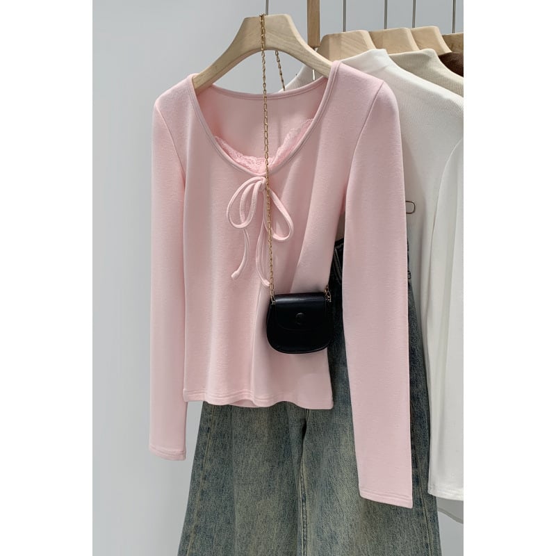 Μπλούζα με μακριά μανίκια, ακρυλικές ίνες με περιεκτικότητα σε βισκόζη, αστικό ύφος, χαμηλός στρογγυλός λαιμός, σε εφαρμοστή γραμμή