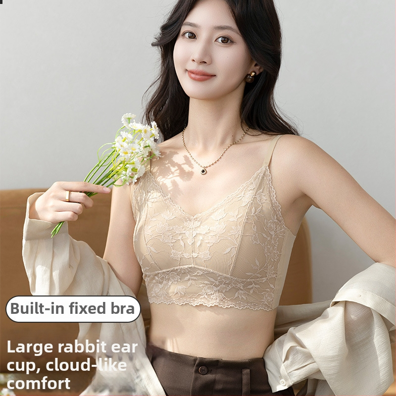 Bez plecu mežģīņu krūšturis bez siksniņām ar trusīša ausām kausu, plāni formēti kausi, galvenais audums neilons, iekšpuse spandex