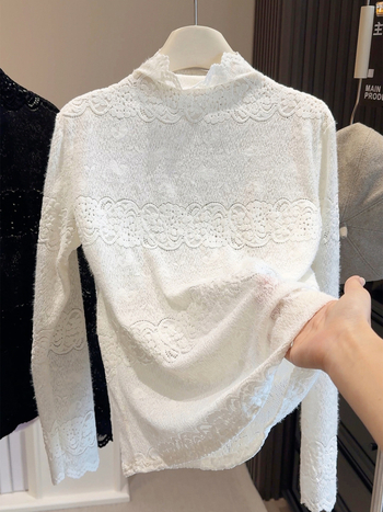 Čipkasti top s dugim rukavima i polu-visokim ovratnikom, izvezen, poliester, casual stil