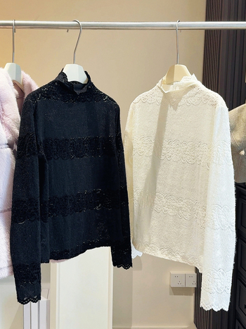 Čipkasti top s dugim rukavima i polu-visokim ovratnikom, izvezen, poliester, casual stil