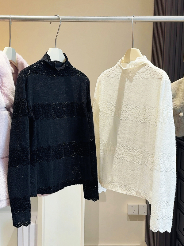 Čipkasti top s dugim rukavima i polu-visokim ovratnikom, izvezen, poliester, casual stil