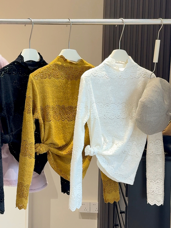 Čipkasti top s dugim rukavima i polu-visokim ovratnikom, izvezen, poliester, casual stil