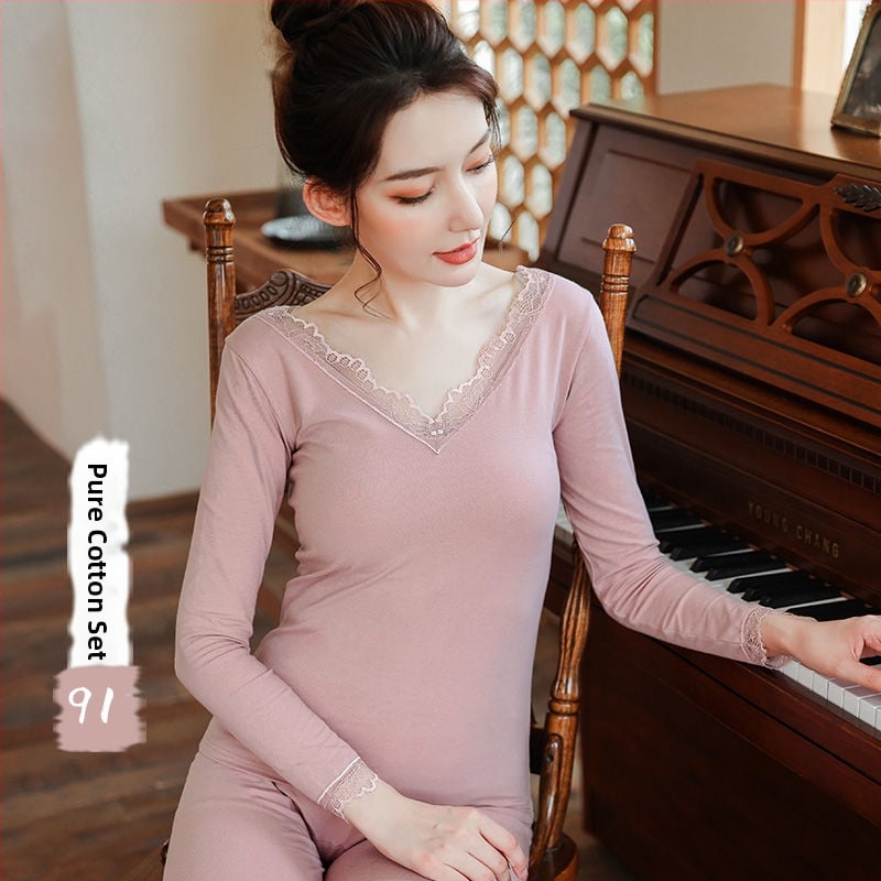 Дамски есенен термо комплект бельо – тънък модел с дантелено деколте, Slim fit, еднослоен, 180–250 g/m² Derong Rabbit Fur плат