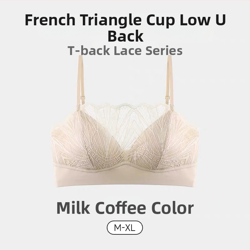 Mežģīnains krūšturis ar trijstūra formu krūšām, plānas veidotas kausus, galvenais audums: neilons, pildījums: spandekss