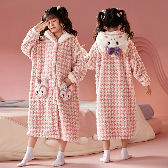 Детски халат за момичета за зимно домашно облекло, коралено кадифе, дебел флис, корейски стил, за деца над 8 години