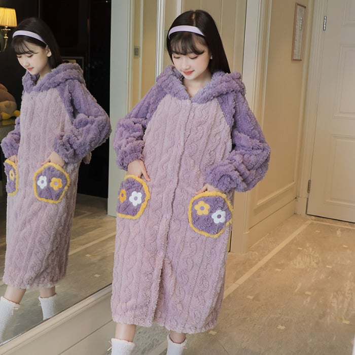 Детски халат за момичета за зимно домашно облекло, коралено кадифе, дебел флис, корейски стил, за деца над 8 години