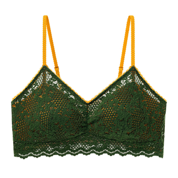 Trijstūru krūšturis bez stieņa, plāns veidots kauss, mežģīņu dekors, galvenais audums neilons 93%, kauss poliesters