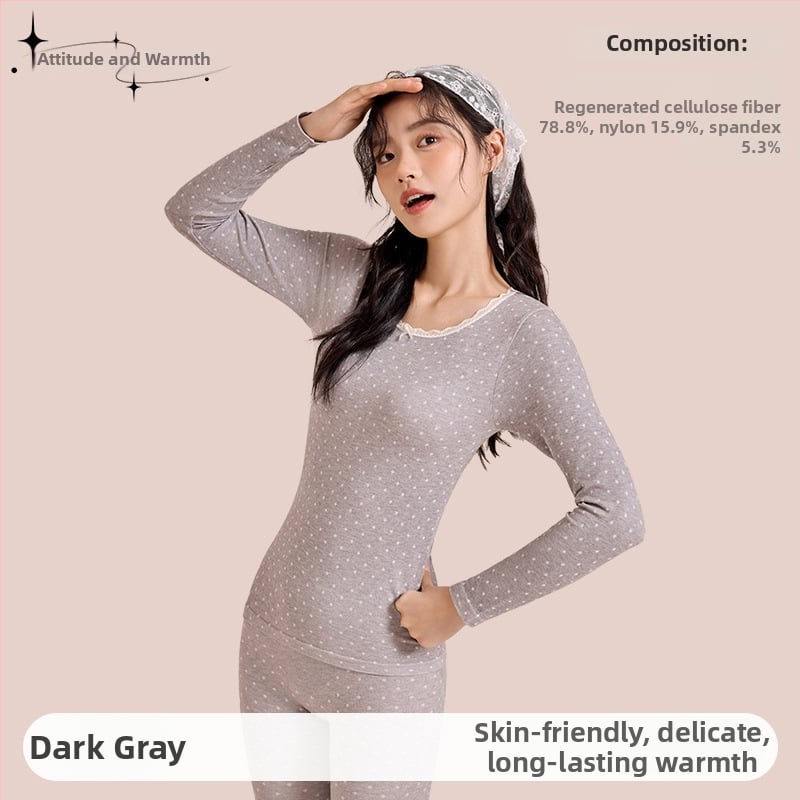 Γυναικείο σετ φθινοπωρινών πλεκτών (πουλόβερ με δαντέλα σε στρογγυλή λαιμόκοψη + παντελόνες) από Cupro ίνες, διαπνέον, αντιβακτηριακό, 200 g/m², 78.8% Cupro, μπορεί να φορεθεί εξωτερικά