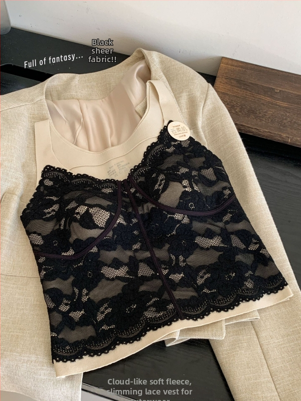 Mežģīņu cami top ar integrētu flesi rudens–ziemas sezonai, šaurs siluets, pilns krūšu kauss, kokvilnas oderējums