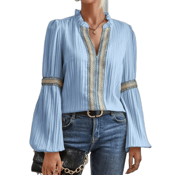 Ženska bluza, spajanje urban stil, dugi rukav, stojeći ovratnik, vezenje, glavna tkanina 95%+