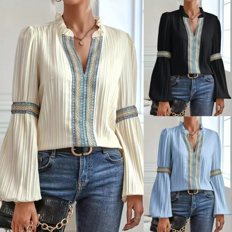Ženska bluza, spajanje urban stil, dugi rukav, stojeći ovratnik, vezenje, glavna tkanina 95%+