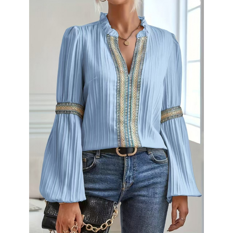 Ženska bluza, spajanje urban stil, dugi rukav, stojeći ovratnik, vezenje, glavna tkanina 95%+