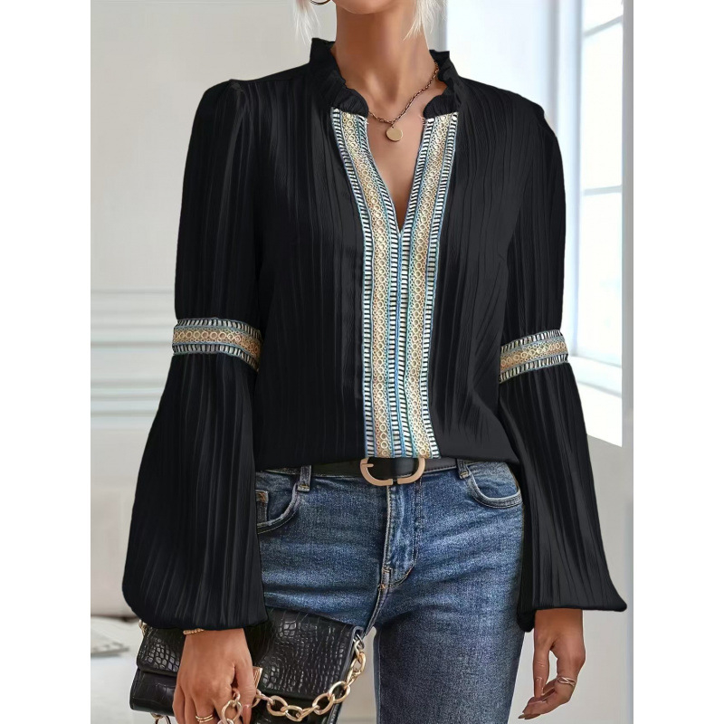 Ženska bluza, spajanje urban stil, dugi rukav, stojeći ovratnik, vezenje, glavna tkanina 95%+