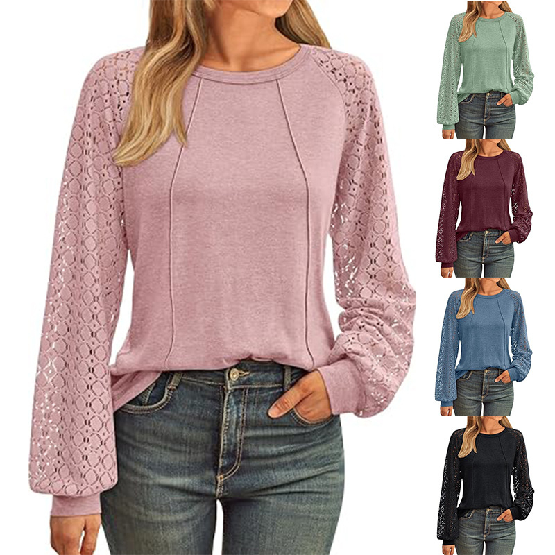 Košulja s čipkom i 3D uzorkom, okrugli ovratnik, dugi rukavi, pulover stil, tkanina od poliestera/elastana