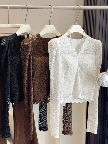 Sieviešu top ar V kaklu, fleece pildījumā, poliesters, mežģīņu stils, garās piedurknes