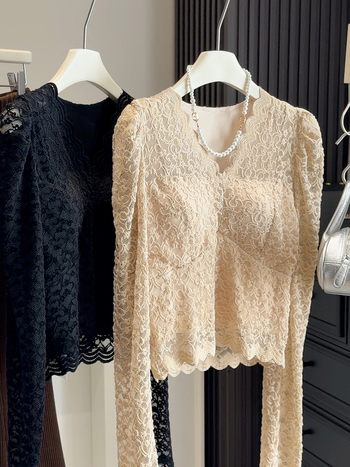 Sieviešu top ar V kaklu, fleece pildījumā, poliesters, mežģīņu stils, garās piedurknes