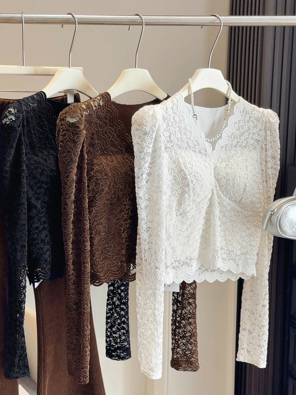 Sieviešu top ar V kaklu, fleece pildījumā, poliesters, mežģīņu stils, garās piedurknes