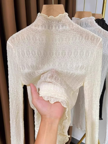 Sieviešu rudens‑ziemas mežģīņu bāzes tops ar garām piedurknēm, puse augsta apkakle, slaids piegriezums, 70–80% poliester