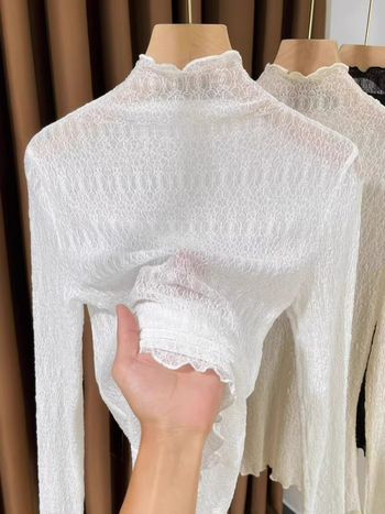 Sieviešu rudens‑ziemas mežģīņu bāzes tops ar garām piedurknēm, puse augsta apkakle, slaids piegriezums, 70–80% poliester